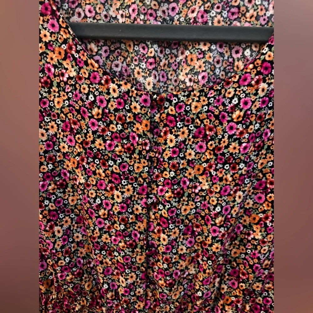 Passport Floral Mini Dress Size L Boho Cottagecore Rayon Pink Orange Black - Picture 2 of 8